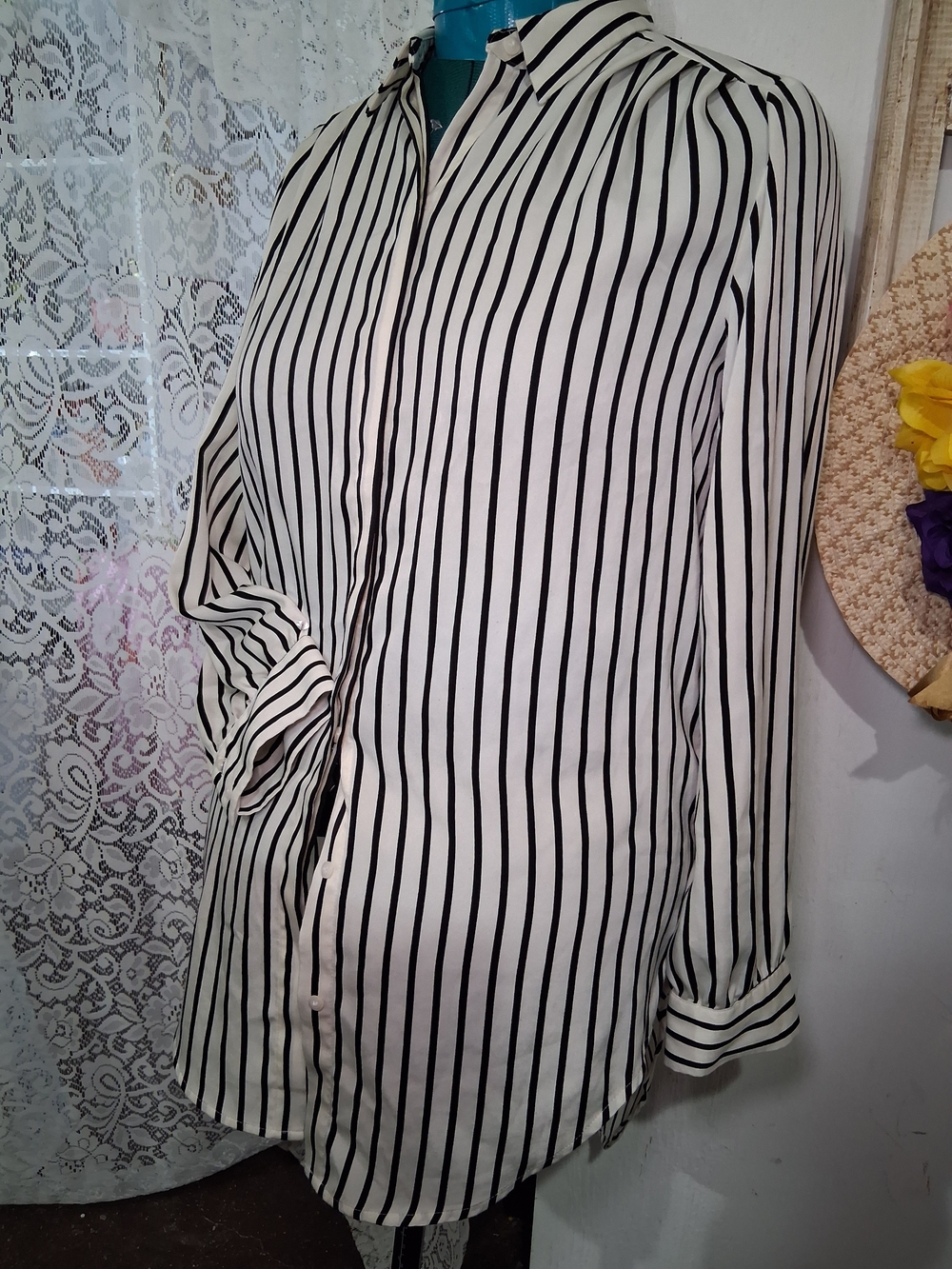 Striped Black & White Button-Up Express Blouse